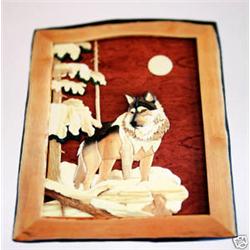 "WOLF UNDER THE MOON" - FRAMED -   WOOD CARVING  -  QUALITY