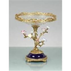 CRYSTAL AND BRASS PLATE ADORNED WITH PORCELAIN