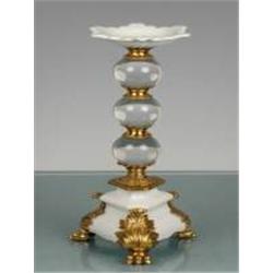 CRYSTAL AND PORCELAIN CANDLEHOLDER WITH BRASS ACCENTS