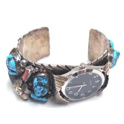 Navajo Turquoise Coral Sterling Silver Watch Band