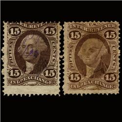 1860s US Revenue Stamp 15c Inland Exch Pair (STM-1476)