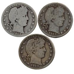 1913d Barber Quarters Lot of 3 Better Circulated (COI-7434)