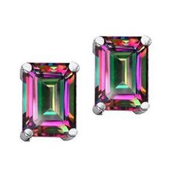 Genuine 3.00 ctw Mystic Rainbow Topaz Emerald Cut  Earring Studs - 14kt Gold-White 