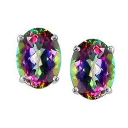 Genuine 3.0 ctw Mystic Rainbow Topaz Oval Earring Studs - 14kt Gold-White 