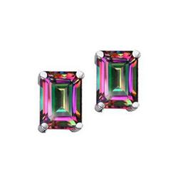 Genuine 3.00 ctw Mystic Rainbow Topaz Emerald Cut  Earring Studs - 14kt Gold-White 