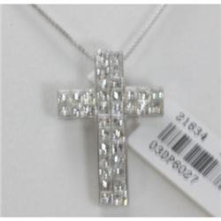 " Genuine 2.129 ctw Princess Cut Cross Necklace 16"" 18kt Gold-White  "
