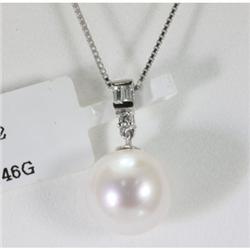 Genuine 0.058 ctw White Fresh Water Pearl & Diamond Baguette Necklace 14kt Gold-White