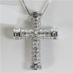 Genuine 2.03 ctw Diamond & Baguette Cross Necklace 18kt Gold-White  