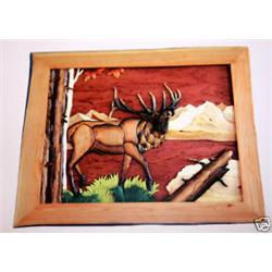 "THE ELK IN FOREST" - FRAMED -   WOOD CARVING  -  QUALITY