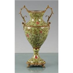 GREEN PORCELAIN VASE WITH BRASS ACCENTS