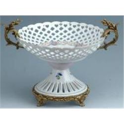 FLORAL PORCELAIN BOWL WITH BRASS ACCENTS
