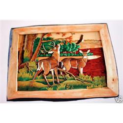"FEEDING DEER" - FRAMED -   WOOD CARVING  -  QUALITY