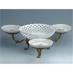 PORCELAIN FOUR PLATE CANDY DISH WITH BRASS ACCENTS