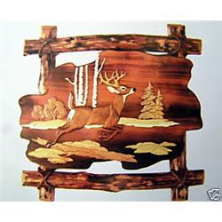 "JUMPING DEER" - FRAMED  WOOD CARVING  -  QUALITY