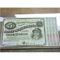1876 LOUISIANA $5 BOND (UNC) HAND SIGNED