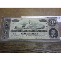 1864 CONFEDERATE STATES OF AMERICA $20 BILL