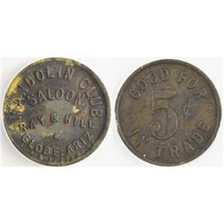 Globe,AZ - Gila County - c1902-12 - Mandolin Club Saloon Token : 5c - Genuine - 5106493-035