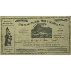 Pima County,AZ - Jan 15, 1874 - Cerro-Colorado Mill & Mining Co. Stock Certificate :  