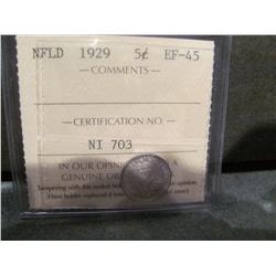 1929 Silver 5 cents Newfoundland ICCS EF45