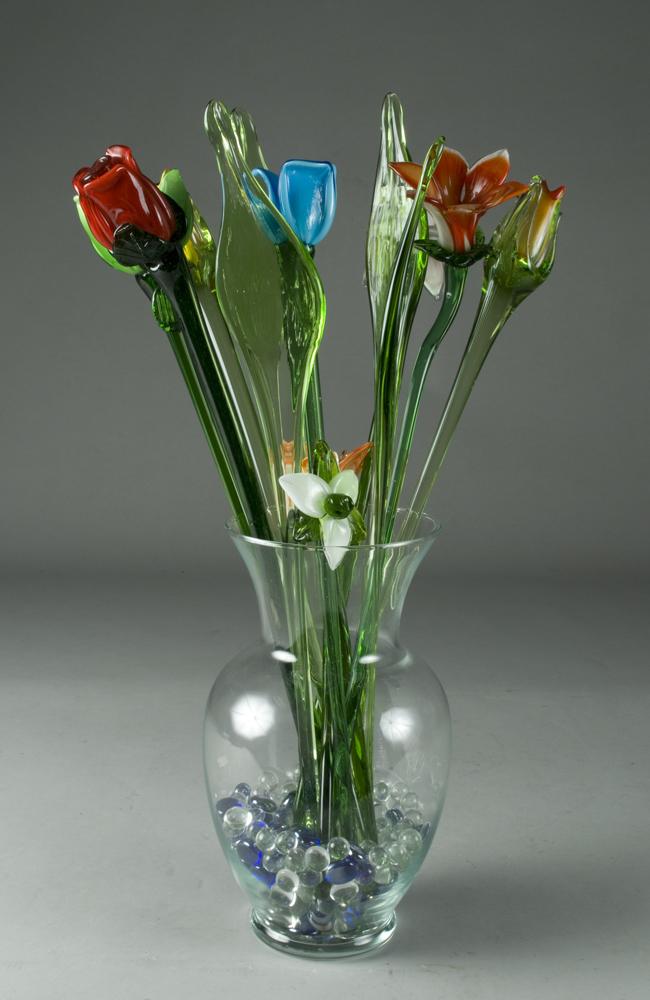(14) Blown Art Glass Flowers & Petals in Vase