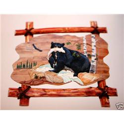 "FISHING BEAR" - FRAMED -   WOOD CARVING  -  QUALITY