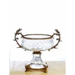 DIAMOND SHAPED CRYSTAL BOWL WITH BRASS ACCENTS
