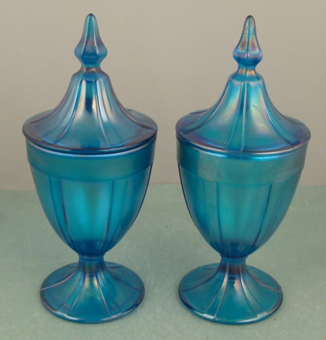 Pair Vintage Blue Carnival Glass Apothecary Jars vintage blue apothecary jars