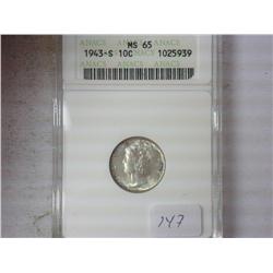 1943-S MERCURY DIME ANACS MS 65