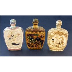 3 CARVED POLYCHROME IVORY SNUFF BOTTLES