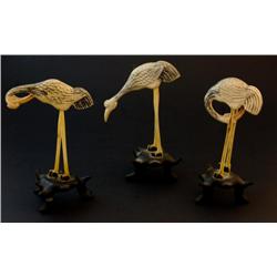 SET OF 3 ORIENTAL POLYCHROME IVORY BIRD FIGURES