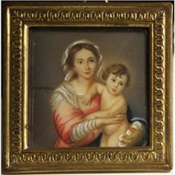 FRENCH HAND PAINTED IVORINE PLAQUE IN BRASS FRAME