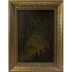 OIL PAINTING ON BOARD OF RIVER SCENE