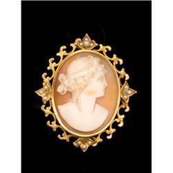 14KT YG & PEARL FILIGREE CAMEO PIN PENDANT