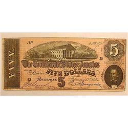 1864 CIVIL WAR CONFEDERATE 5 DOLLAR BILL / NOTE - 