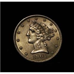 1901-p $5 Gold Liberty Grades Select Uncirculated ms63+ PQ