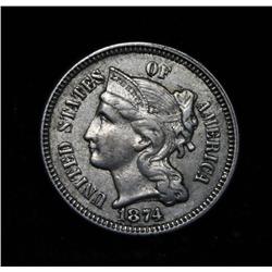 1874 3 Cent Nickel Grades Almost Uncirculated au55