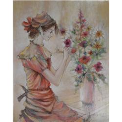 Paul Noiret, Portrait with Flowers, Oil Painting 