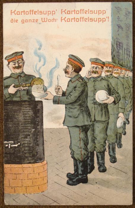 WWI ORIGINAL GERMAN POSTCARD from 1917-FOOD LINE OF SOL