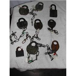 NINE LOCKS: NO KEYS, BRASS YALE MADE FOR L&N RR  CO., N&W ADLAKE (X'S 2), BRASS LOCK DATED 1929,  YA