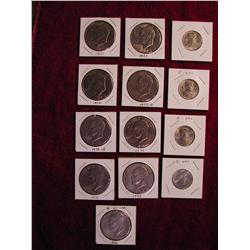 9 Eisenhower Dollars: 1971, 72, 74D, 76(x2), 77, 77D, 78(x2) and 4 Susan B. Anthony dollars: 1979, 7