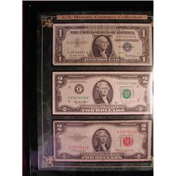 Framed US Historical Currency Collection: 1957 $1 Silver Certificate, 1953 B $2 Red Seal, 1995 $2 UN