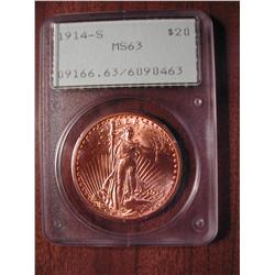 Very Nice, RARE, 1914S Saint Gaudens $20 gold coin, graded PCGS MS63.  