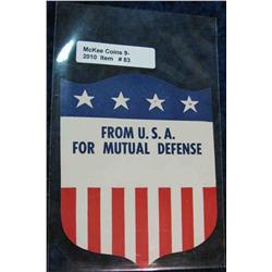 83. Flag Shield Sticker "From U.S.A. for Mutual Defense" Mint. WW II