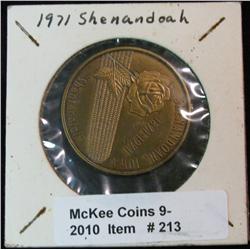 213. 1871-1971 Shenandoah, Iowa Centennial Medal. Antique Brass. BU.