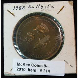 214. 1882-1982 Sully, Iowa Centennial Medal. Antique Brass. BU. 39mm.
