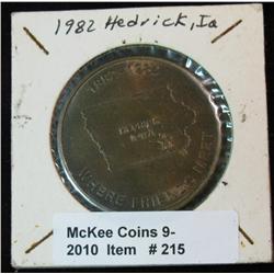 215. 1882-1982 Hedrick, Iowa Centennial Medal. Antique Brass. BU. 39mm.