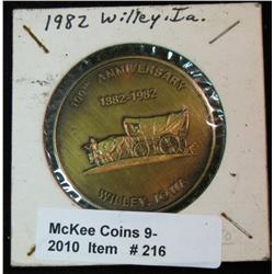 216. 1882-1982 Willey, Iowa Centennial Medal. Antique Brass. BU. 39mm.