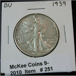 251. 1939 P Walking Liberty Half Dollar. AU 50.
