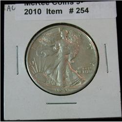 254. 1941 S Walking Liberty Half Dollar. AU 50.
