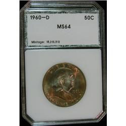 267. 1960 D Franklin Half Dollar. PCI slabbed MS 64.